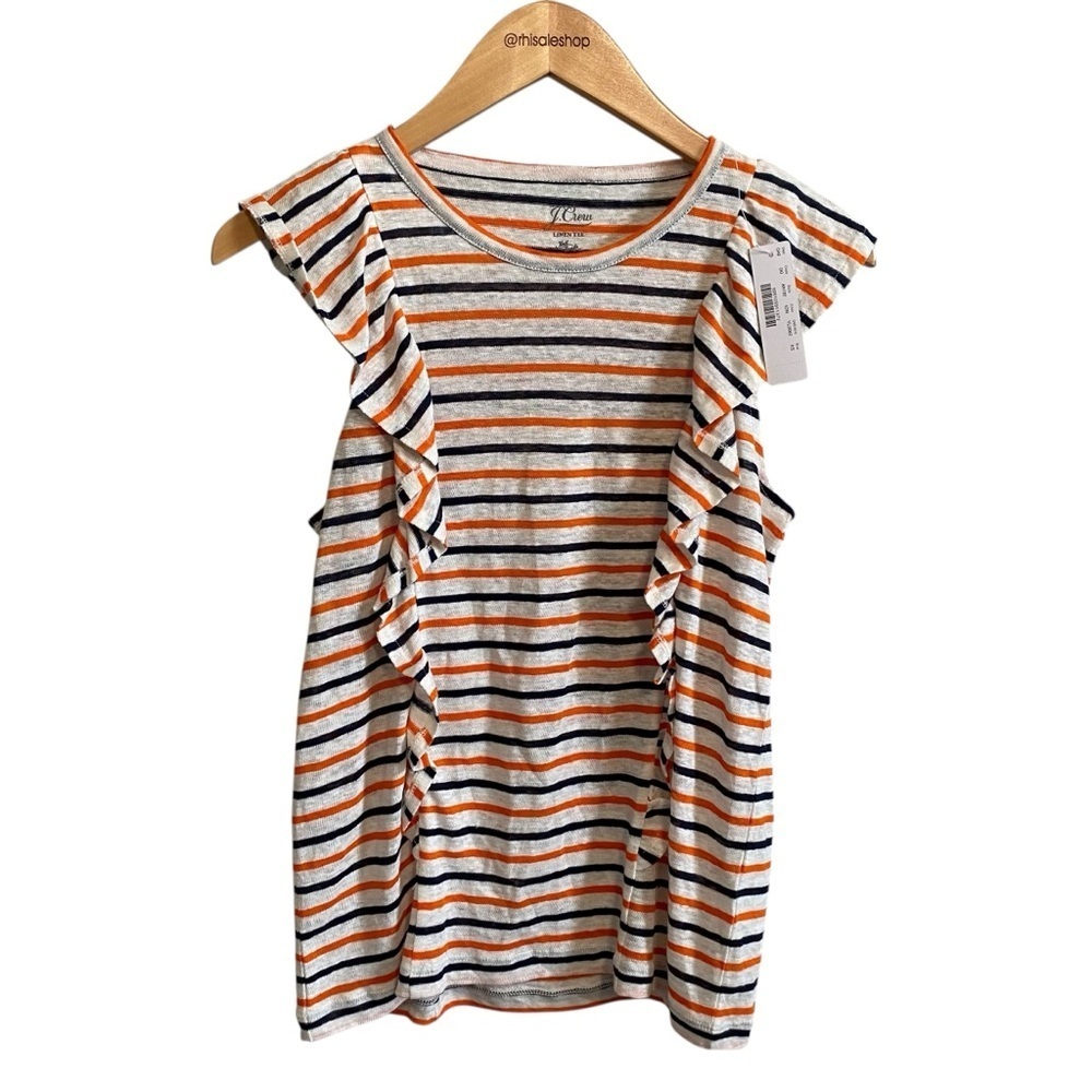 NWT J.Crew White Navy and Orange Stripe Ruffle Short Sleeve Linen Tee Size XS - Picture 2 of 6